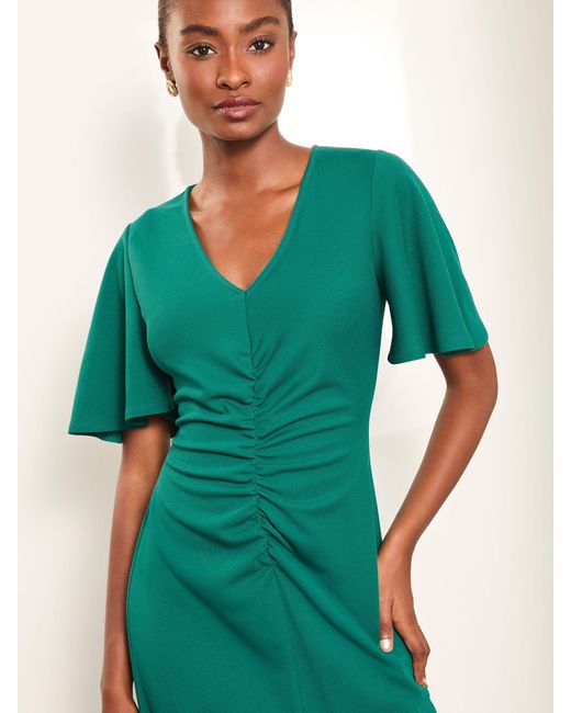 Lipsy Green Short Sleeve V Neck Ruched Fit And Flare Midi Dress