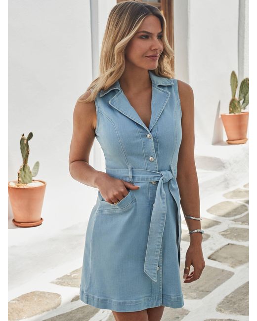 Sosandar Blue Sleeveless Belted Denim Dress
