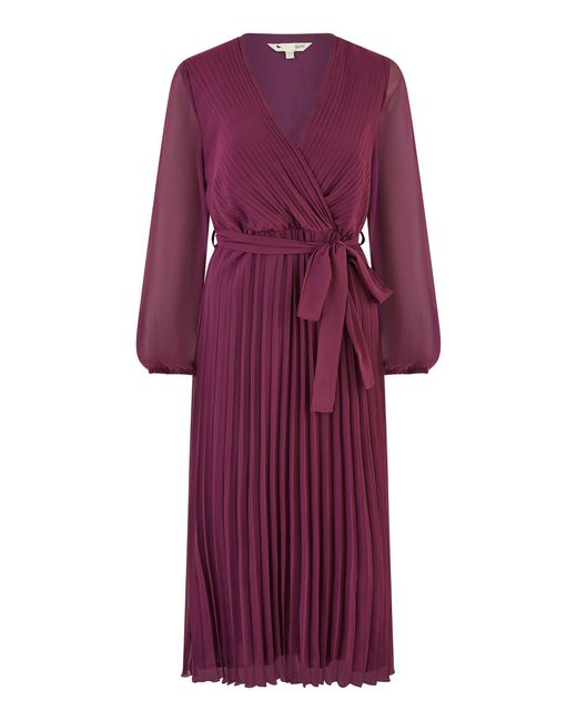 Yumi' Purple Pleated Wrap Midi Dress With Sheer Long Sleeves