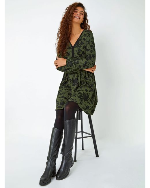 Roman Green Floral Contrast Trim Stretch Dress