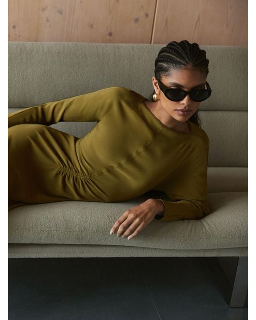 Reiss Green Ruched Long-Sleeve Midi Dress