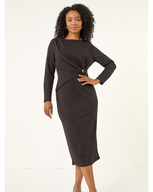 Roman Black Petite Gathered Stretch Midi Dress