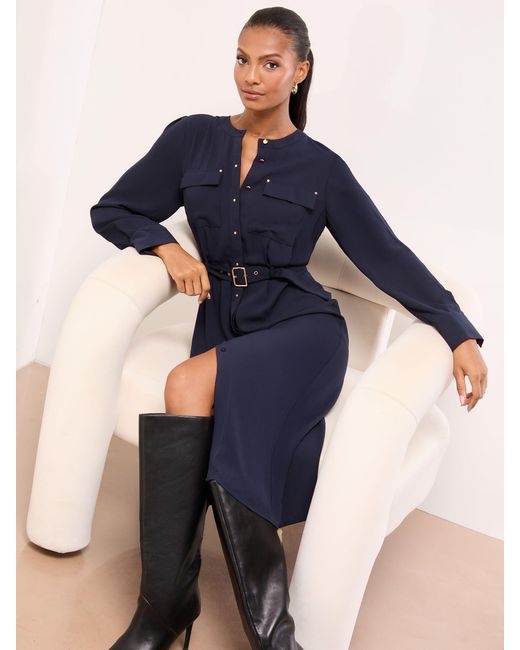Lipsy Women's Blue Grandad Collar Belted Midi Button Through Shirt Dress Lipsy Women's Blue Grandad Collar Belted Midi Button Through Shirt Dress