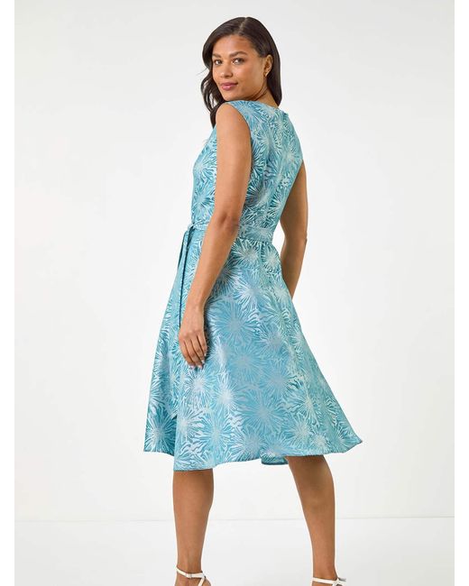 Roman Blue Jacquard Bow Front Fit And Flare Dress