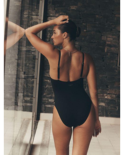 Speedo Black Solid V-Neck Swimsuit