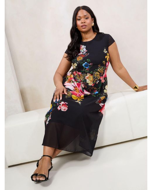 Lipsy Black Curve Floral Printed Chiffon Fit And Flare Midi Dress