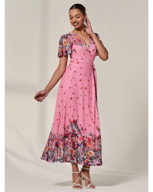 Jolie Moi Pink Floral Mirror Mesh Wrap Maxi Dress