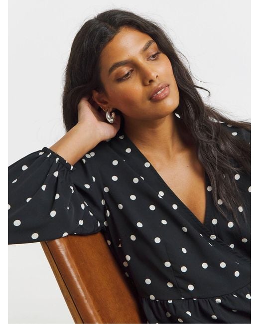 Simply Be Black Polka Dot Long Sleeve Wrap Smock Dress