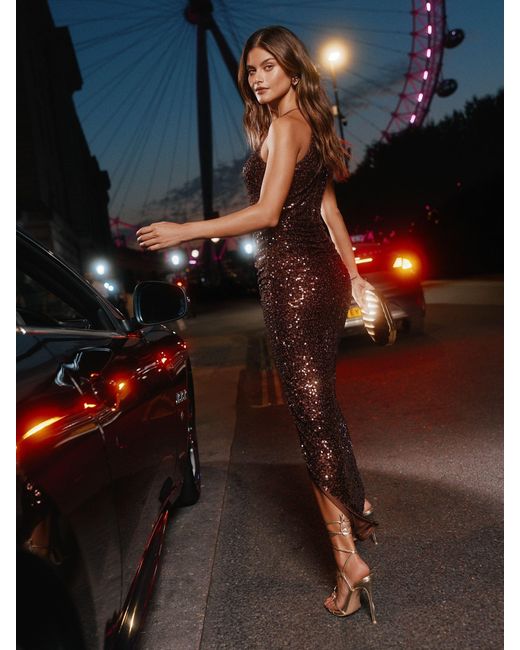 Lipsy Multicolor Sequin Halter Ruched Maxi Dress