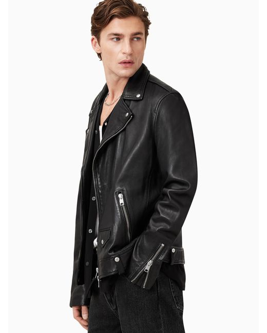 AllSaints Black Allsaints Milo Asymmetric Zip Leather Biker Jacket for men