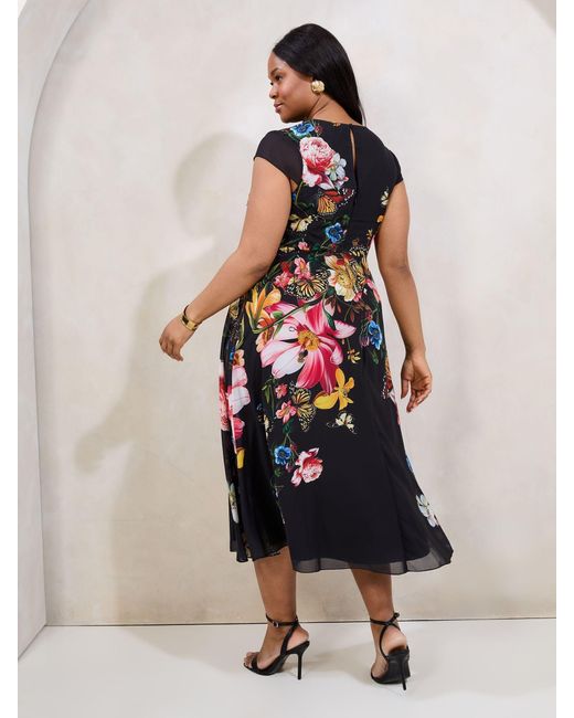 Lipsy Black Curve Floral Printed Chiffon Fit And Flare Midi Dress