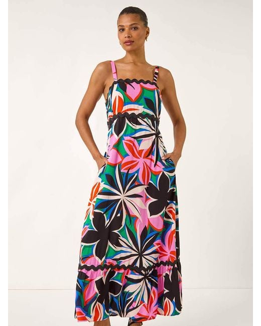 Roman Red Floral Print Ric Rac Maxi Dress