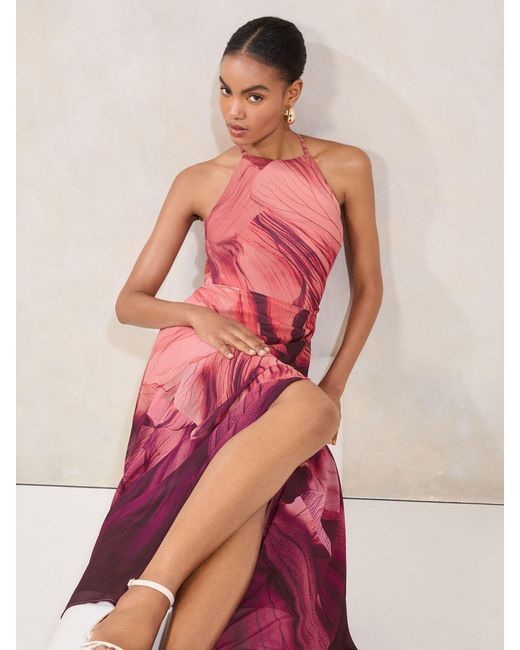 Lipsy Pink Printed Halter Chiffon Sleeveless Maxi Dress