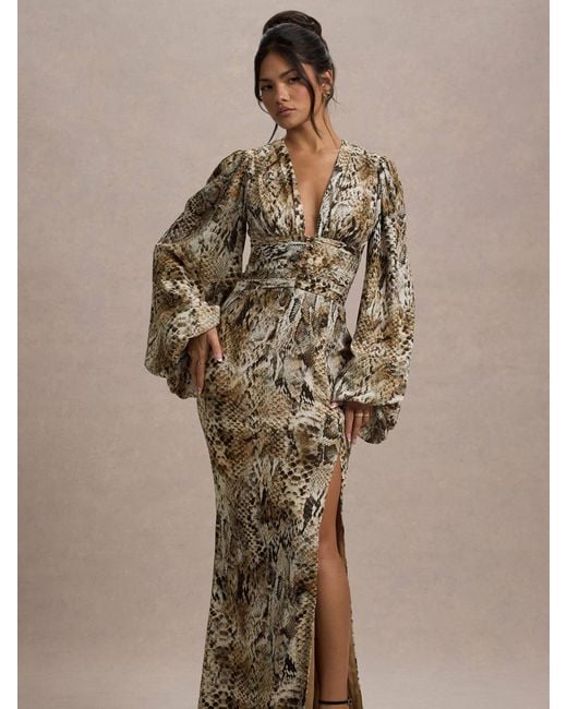 Club L London Natural Casarile V-Neck Balloon Sleeve Maxi Dress