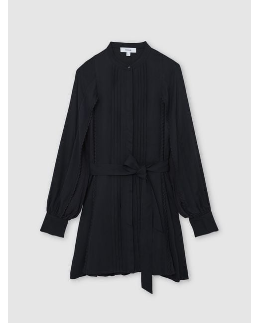 Reiss Women's Blue Eliana Embroidered-Trim Belted Mini Dress