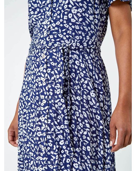 Roman Blue Petite Ditsy Floral Print Shirt Dress