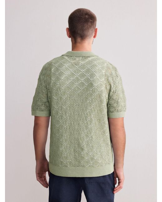 Next Green Signature Linen Rich Short Sleeve Knit Crochet Button Through Polo Shirt for men