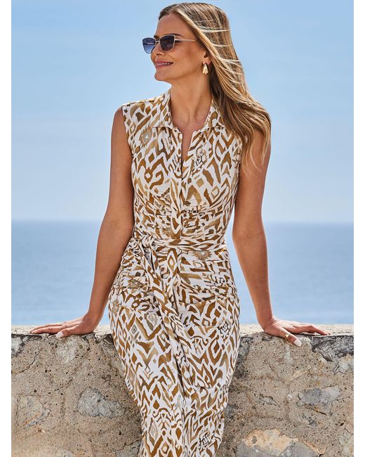 Sosandar Blue Print Ruched Front Sleeveless Jersey Shirt Dress