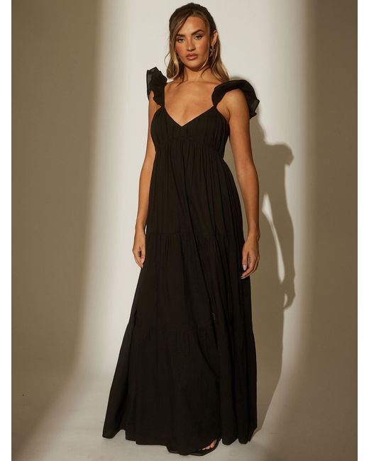 South Beach Black 100% Cotton Frill Sleeve Tiered Maxi Dress