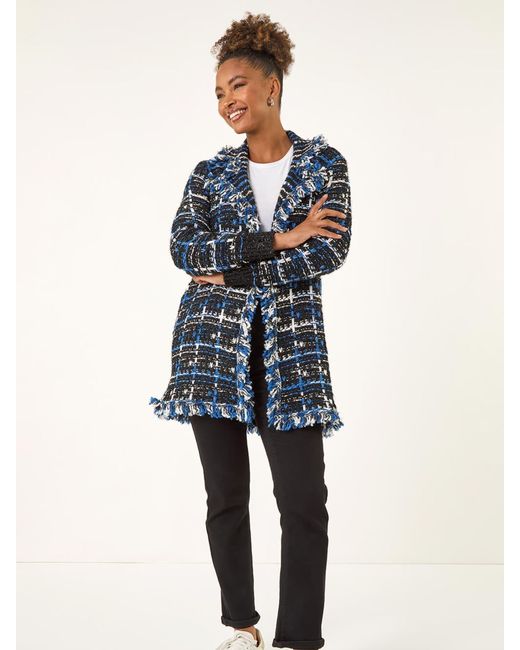 Roman Blue Checkered Fringe Knit Cardigan