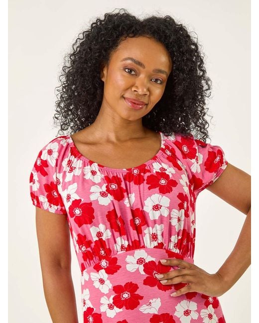 Roman Petite Floral Print Gathered Stretch Dress