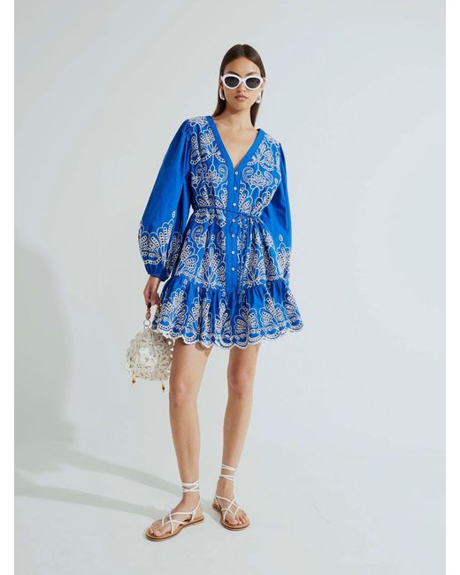 River Island Blue Broiderie Shirt Dress