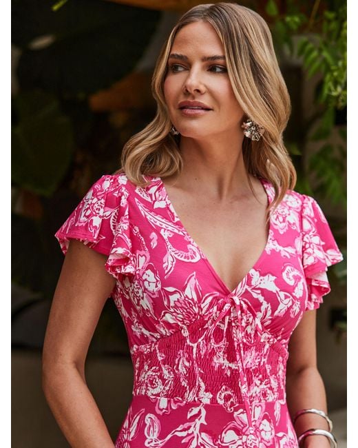 Sosandar Pink Floral Print Fluted Hem Dress