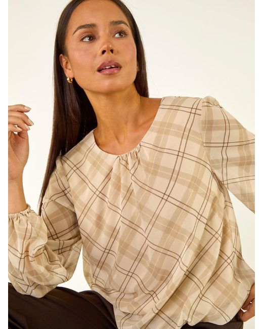 Roman Natural Petite Check Bubble Hem Tunic Top