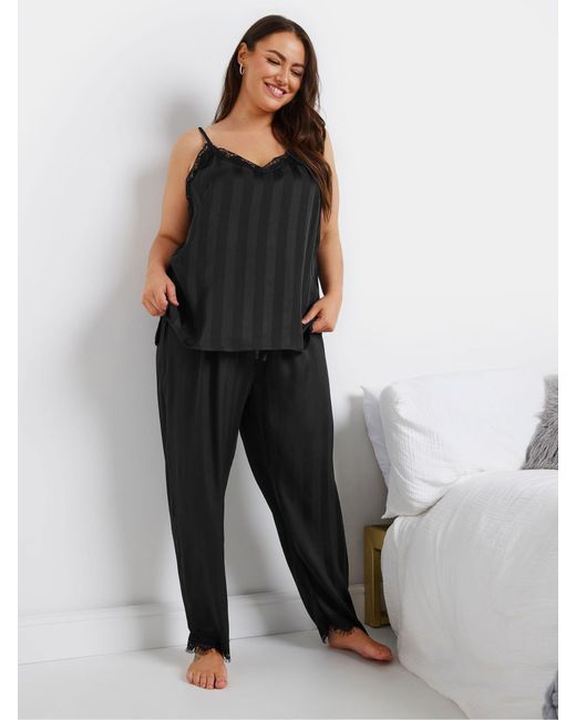 Yours Curve Black Satin-Camisole-Set Mit Spitze, Gestreift42-44