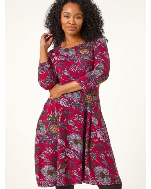 Roman Purple Petite Floral Print A-Line Stretch Dress