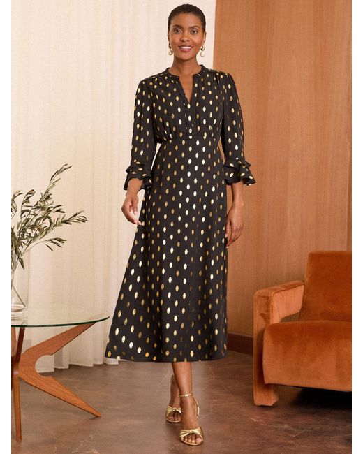 Love & Roses Brown Dash Foil Flute Sleeve Midi Dress