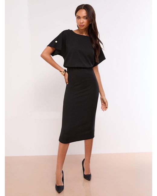 Lipsy Black Short Sleeve Button Detail Blouson Bodycon Midi Dress