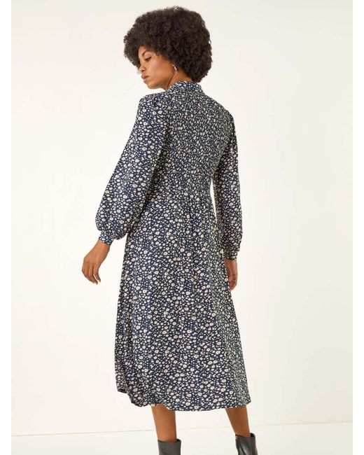 Roman Black Ditsy Floral Print Shirred Midi Dress