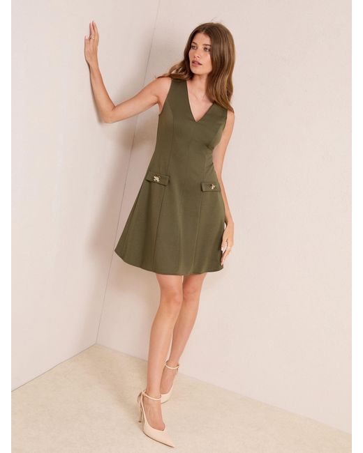 Friends Like These Natural Petite Mini Fit Sleeveless V-Neck And Flare Button Detail Dress