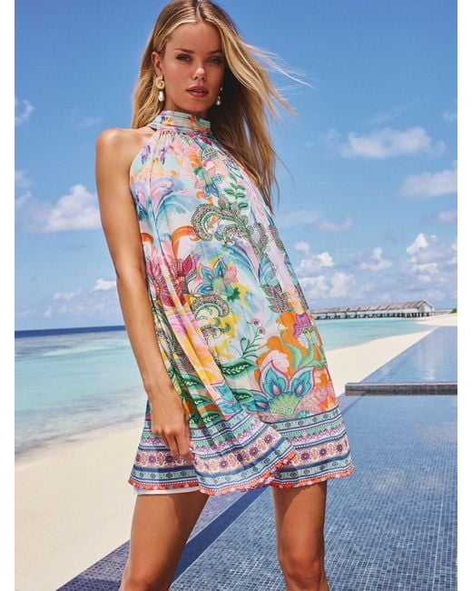 Lipsy Blue Printed Halter Neck Mini Shift Dress