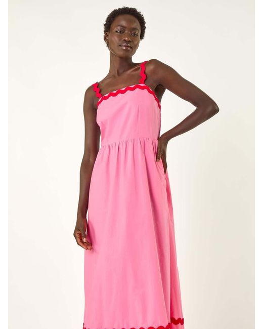 Roman Pink Contrast Ric Rac 100% Cotton Midi Dress