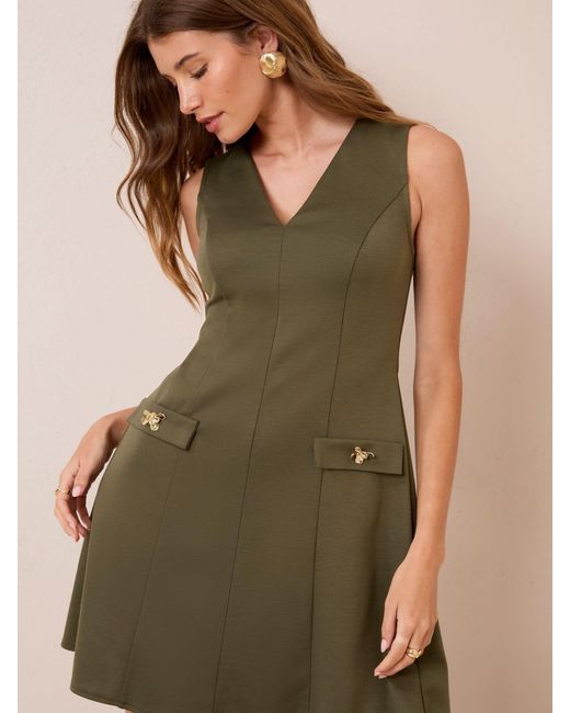 Friends Like These Natural Petite Mini Fit Sleeveless V-Neck And Flare Button Detail Dress