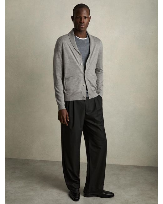 Reiss Gray Merino Wool Shawl-Collar Cardigan for men