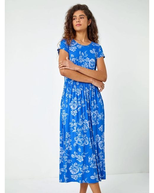 Roman Blue Floral Print Midi Stretch Dress