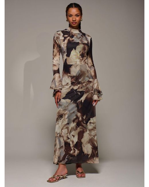 Jolie Moi Brown Ruffle Long Sleeve Mesh Maxi Dress