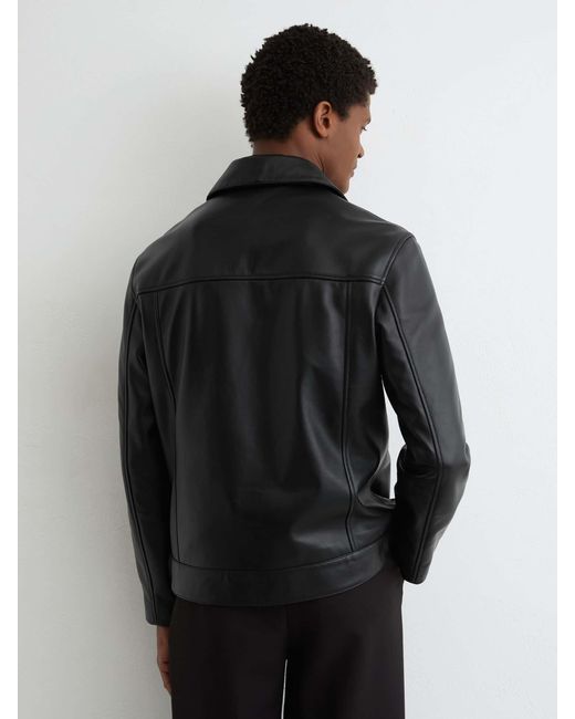 Reiss Black Strader Leather Zip-Through Jacket for men