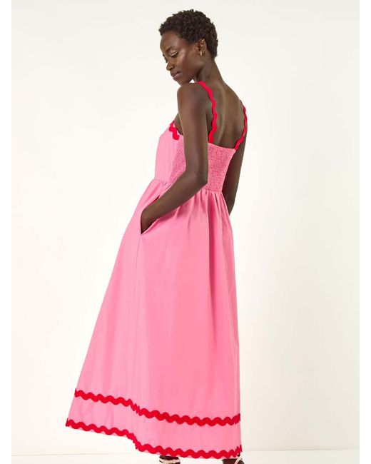 Roman Pink Contrast Ric Rac 100% Cotton Midi Dress