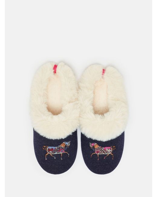 Joules Blue Slippet Luxe Bestickte Hausschuhe