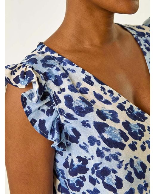 Roman Blue Animal Print Frill Sleeve Blouse