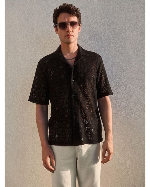 Next Black Short Sleeve Crochet Shirt With Cuban Collar for men