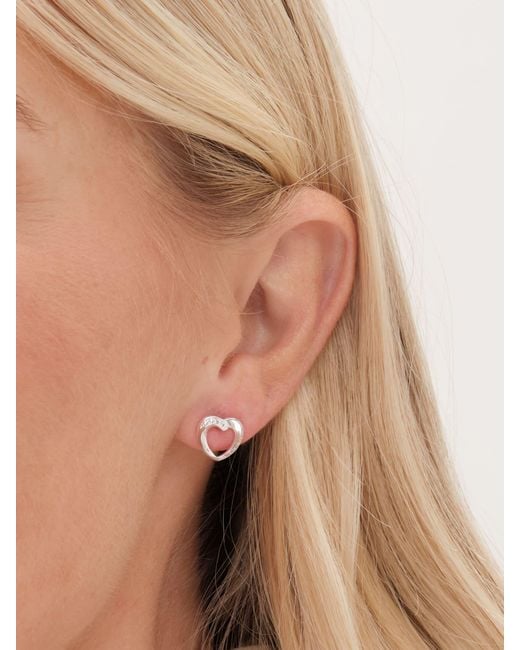 Simply Silver Metallic Sterling 925 Polished And Crystal Heart Stud Earrings