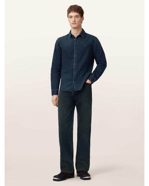 AllSaints Blue Allsaints Gleason Long Sleeve Press Stud Shirt for men