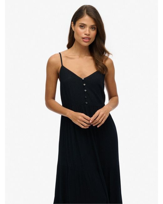 Superdry Half Button Tiered Midi Dress in Black | Lyst