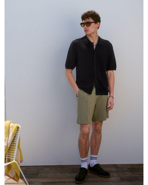 Next Black Relaxed Fit 100% Cotton Short Sleeve Textured Knit Button-Through Polo Shirt for men