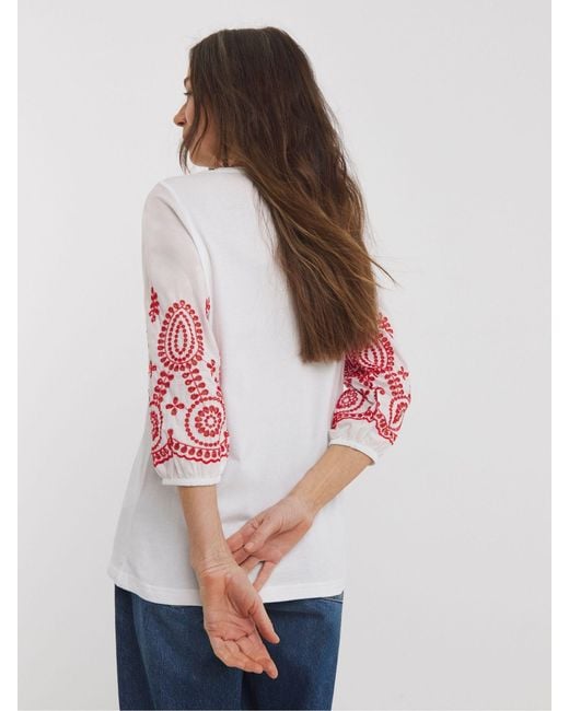 JD Williams Red 100% Cotton Broderie 3/4 Length Sleeve Crew Neck Blouse